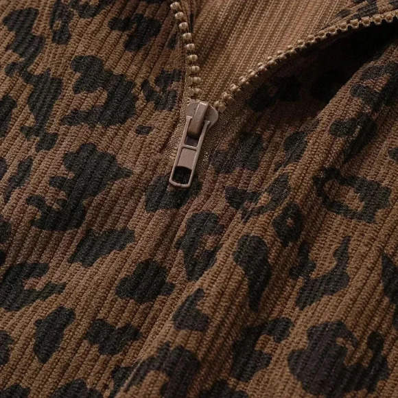 Brown Casual Women's Zip Up Front Long Sleeve Leopard Print Sweatshirt - Picture 6 of 6